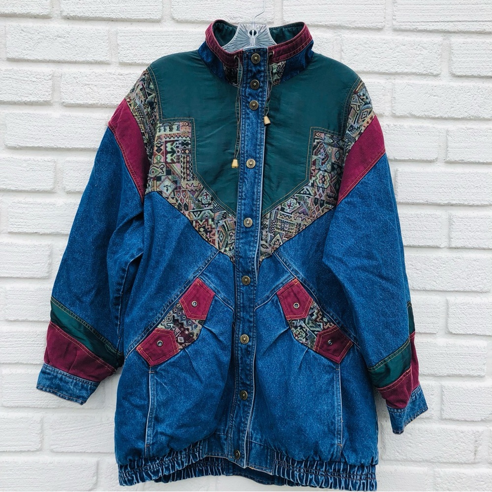Vintage Women Denim Jacket Coat Size Large  Patchwork Tapestry Aztec 80’s Warm